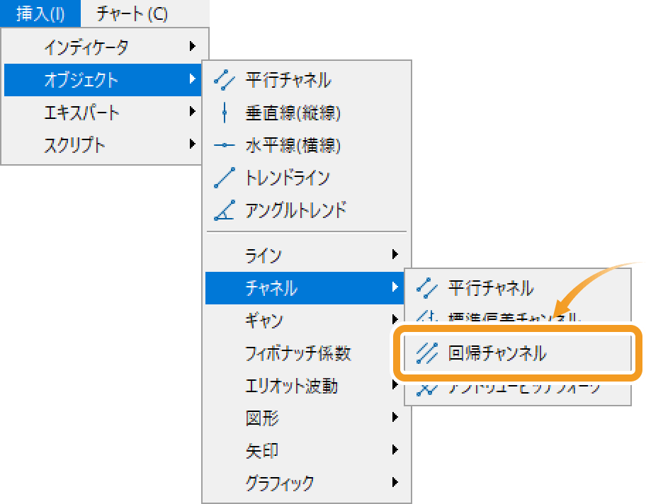 「オブジェクト」にマウスポインターを合わせ、「回帰チャネル」を選択