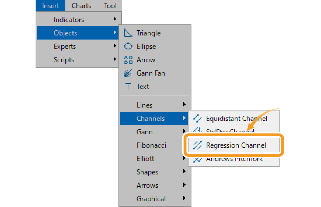 Hover the pointer over Objects and select Regression Channel