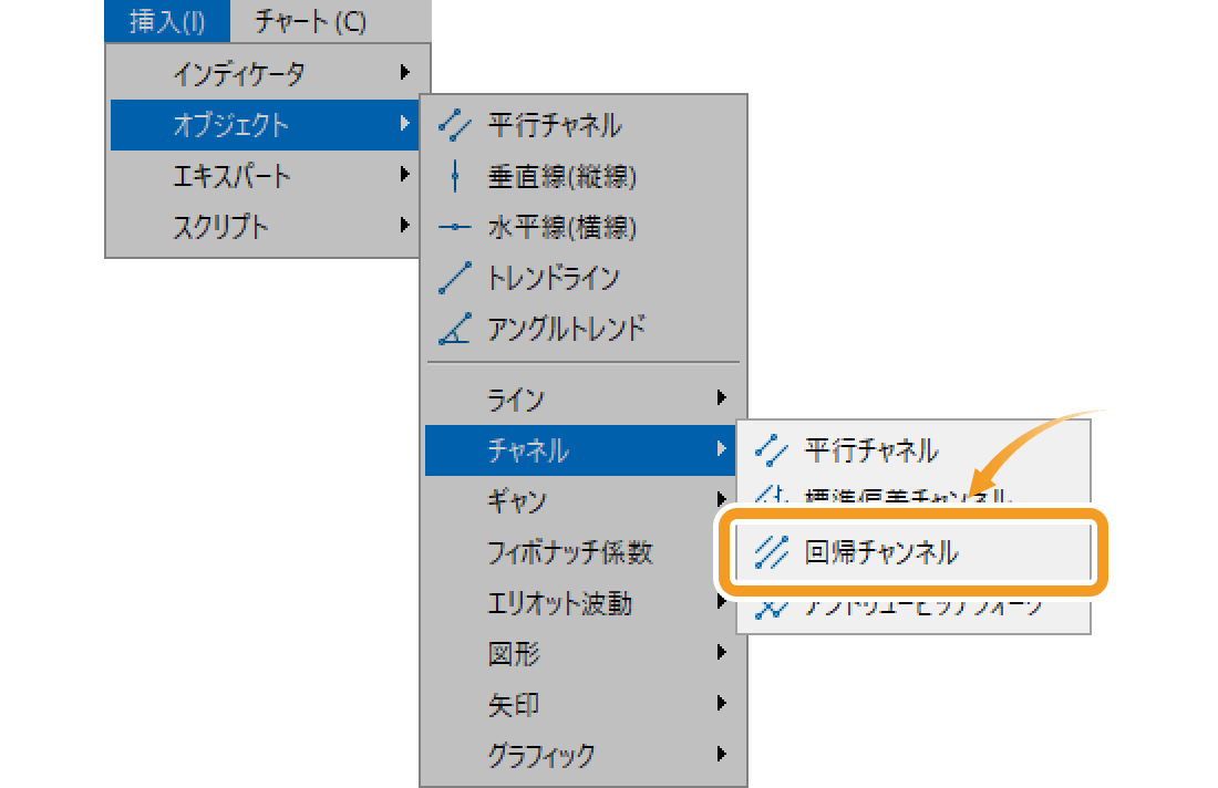 「オブジェクト」にマウスポインターを合わせ、「回帰チャネル」を選択