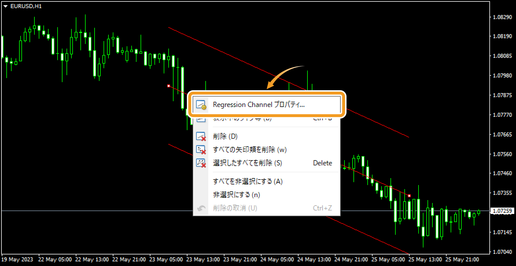 線形回帰チャネルの設定を変更