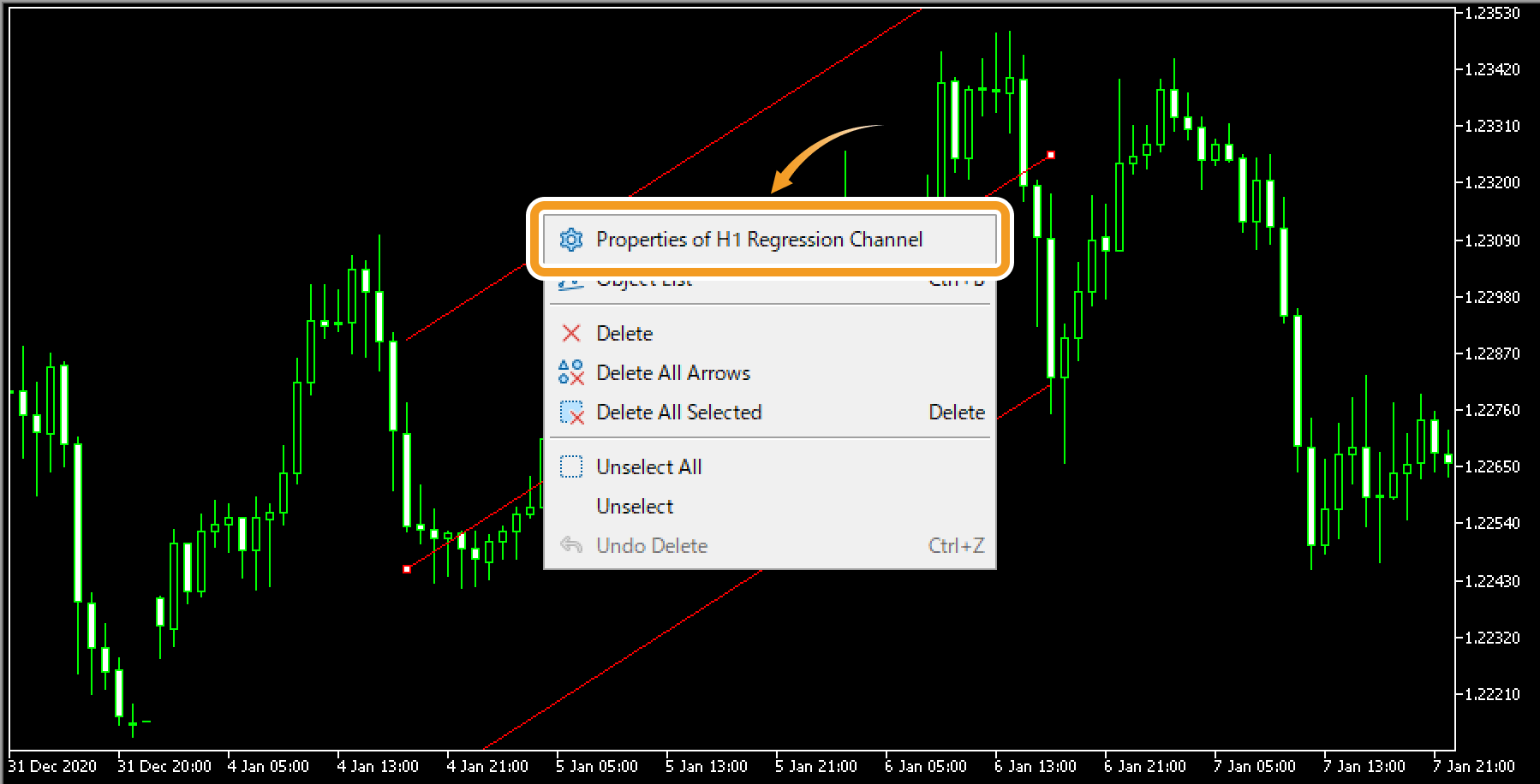 Right-click near the channel and select Properties of (channel name)