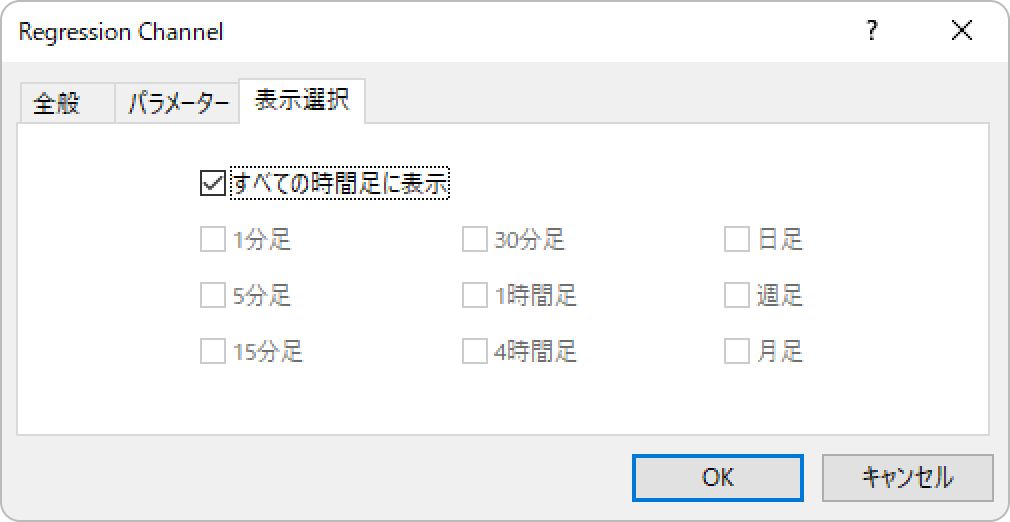 線形回帰チャネルの「表示選択」タブを設定