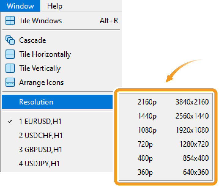 Click Window in the menu and hover the pointer over Resolution to select your preferred screen resolution from the list.