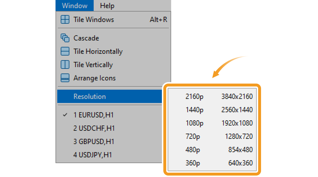 Click Window in the menu and hover the pointer over Resolution to select your preferred screen resolution from the list.