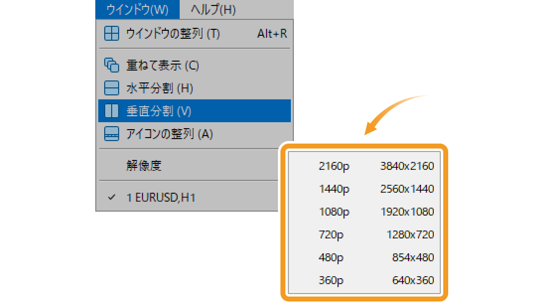 メニューバーの「ウインドウ」をクリックし、「解像度」にマウスポインターを動かし、一覧より画面解像度を選択