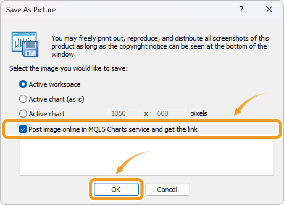 Upload the image to the MQL5 Charts service and get the link