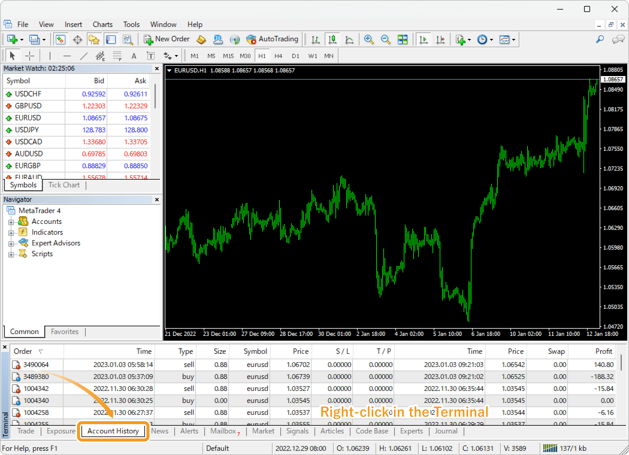 Right-click in the Account History