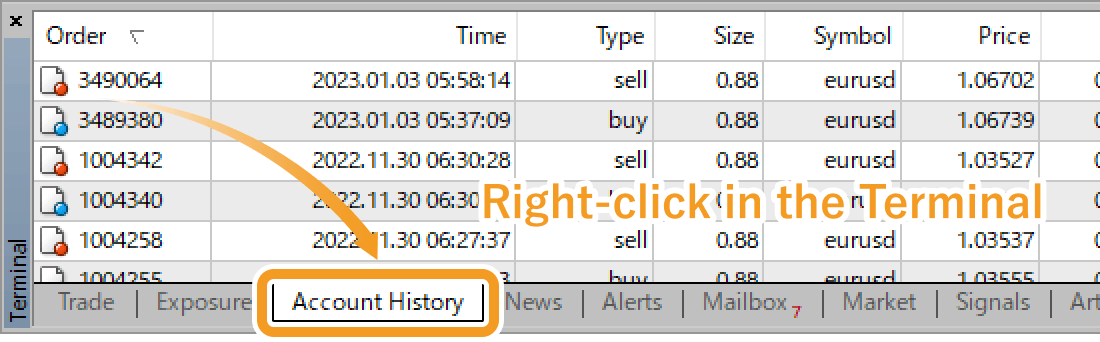 Right-click in the Account History