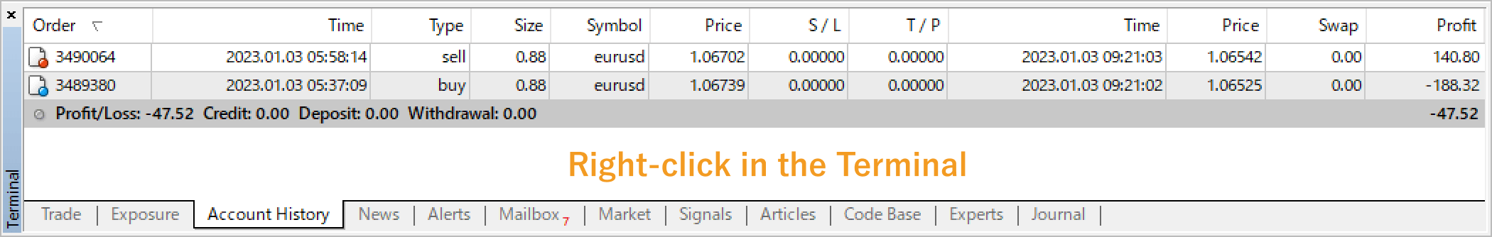 Right-click in the Account History