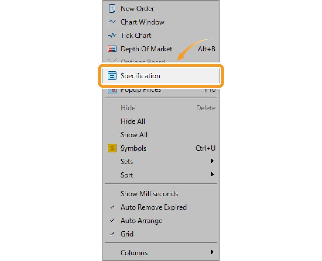 Select Specification in the context menu