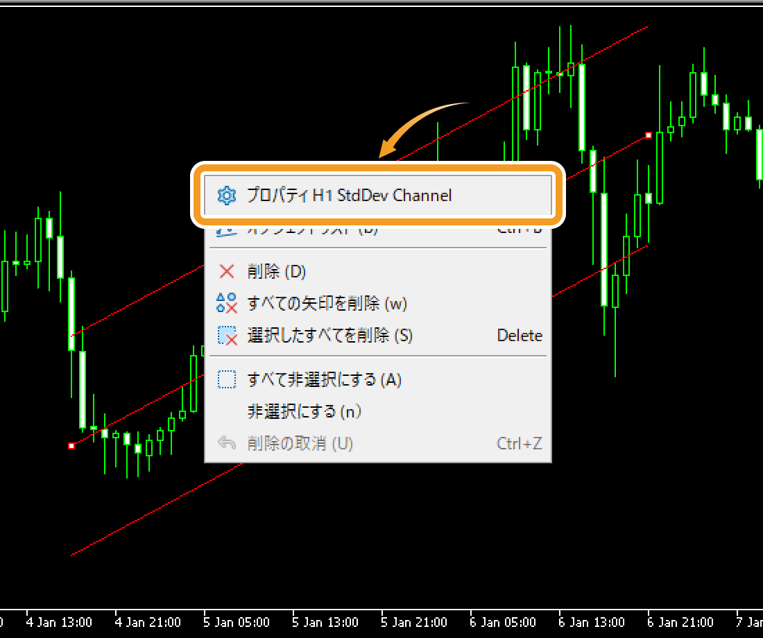 標準偏差チャネル付近で、右クリックし「プロパティ （標準偏差チャネル名）」をクリック