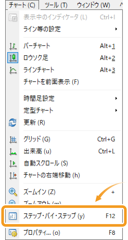 メニューバーからステップバイステップ機能を利用する方法