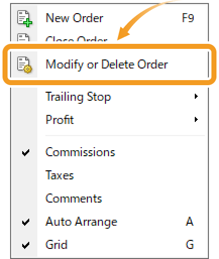 Change the take-profit (T/P) and stop-loss (S/L) values from the menu