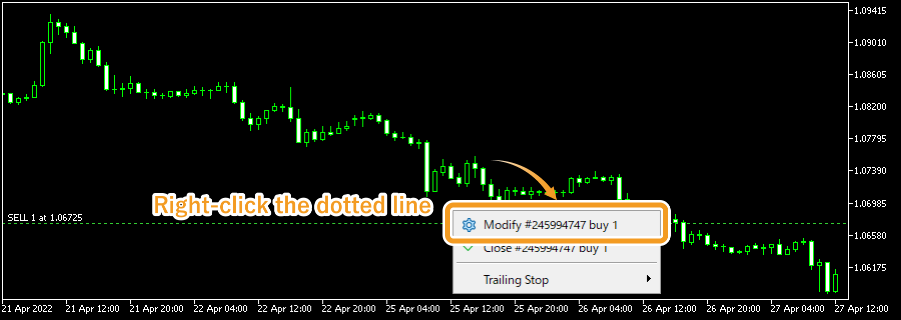 Right-click on the dotted line on the chart which indicates your current position, then select Modify