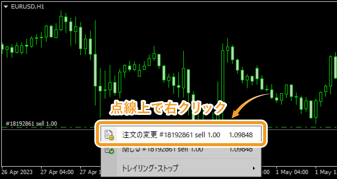 チャート上で決済指値（T/P）・決済逆指値（S/L）を変更