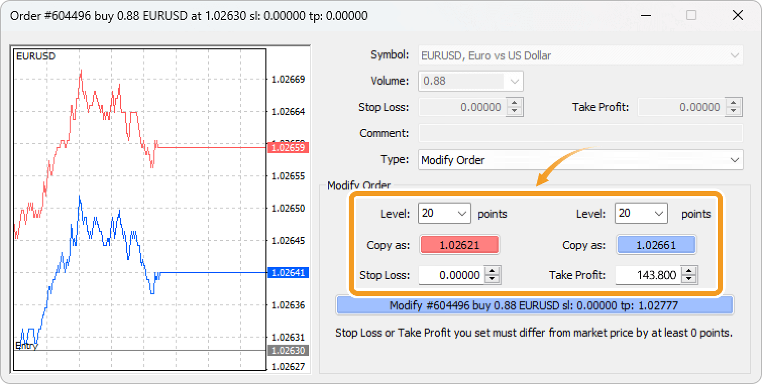 Set the take-profit (T/P) and stop-loss (S/L) values