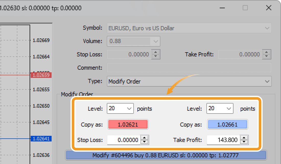 Set the take-profit (T/P) and stop-loss (S/L) values