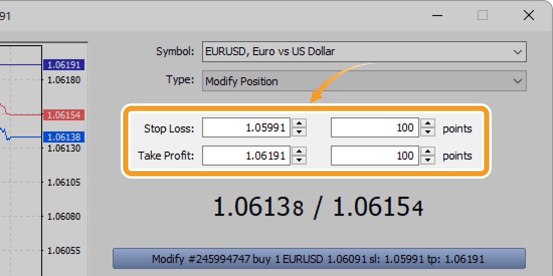 Set the stop-loss (S/L) value in the Stop Loss field, and the take-profit (T/P) value in the Take Profit field