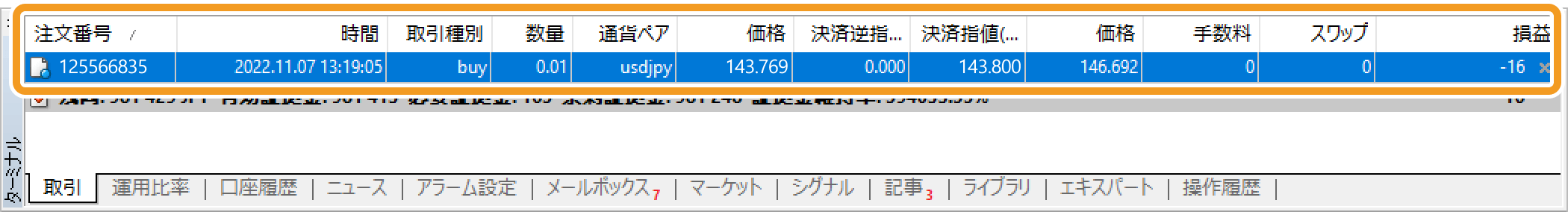 注文内容が変更された保有ポジション