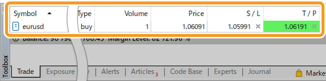 The position details in the Trade tab will be updated