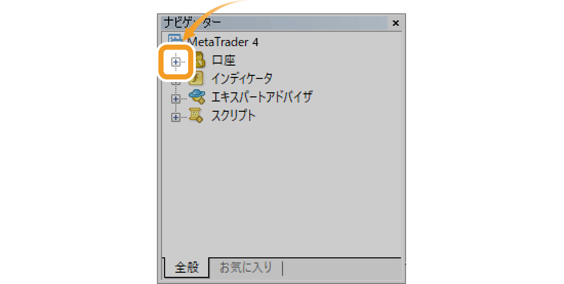 ナビゲーター内の「口座」の左側の「＋」をクリック