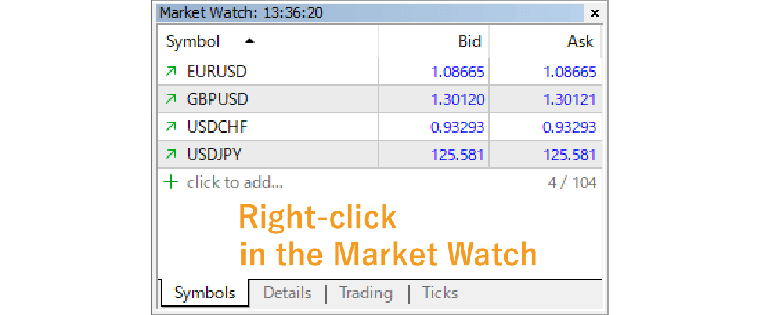 Right-click in the Symbols tab of the Market Watch