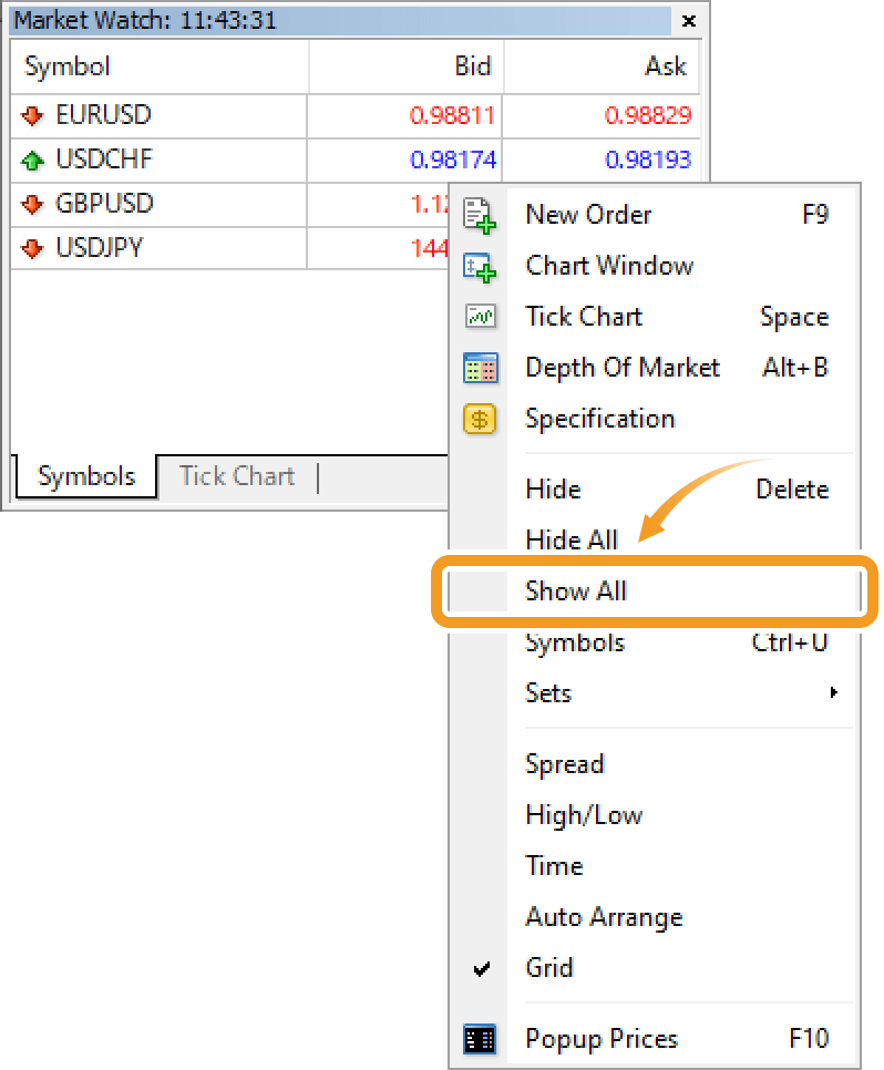 Context menu of the Symbols tab