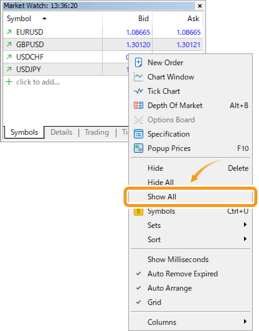 Select Show All in the context menu