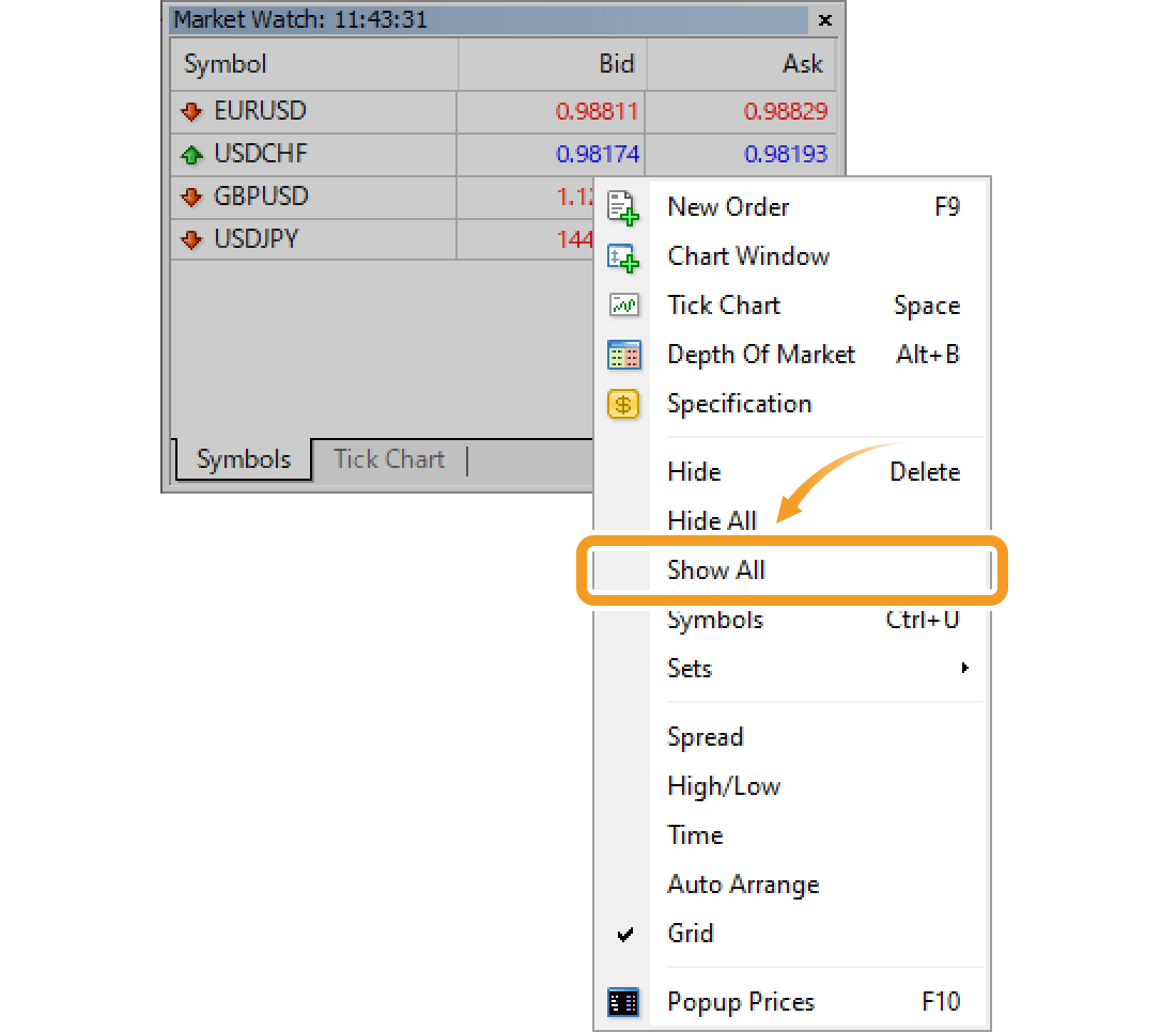 Context menu of the Symbols tab