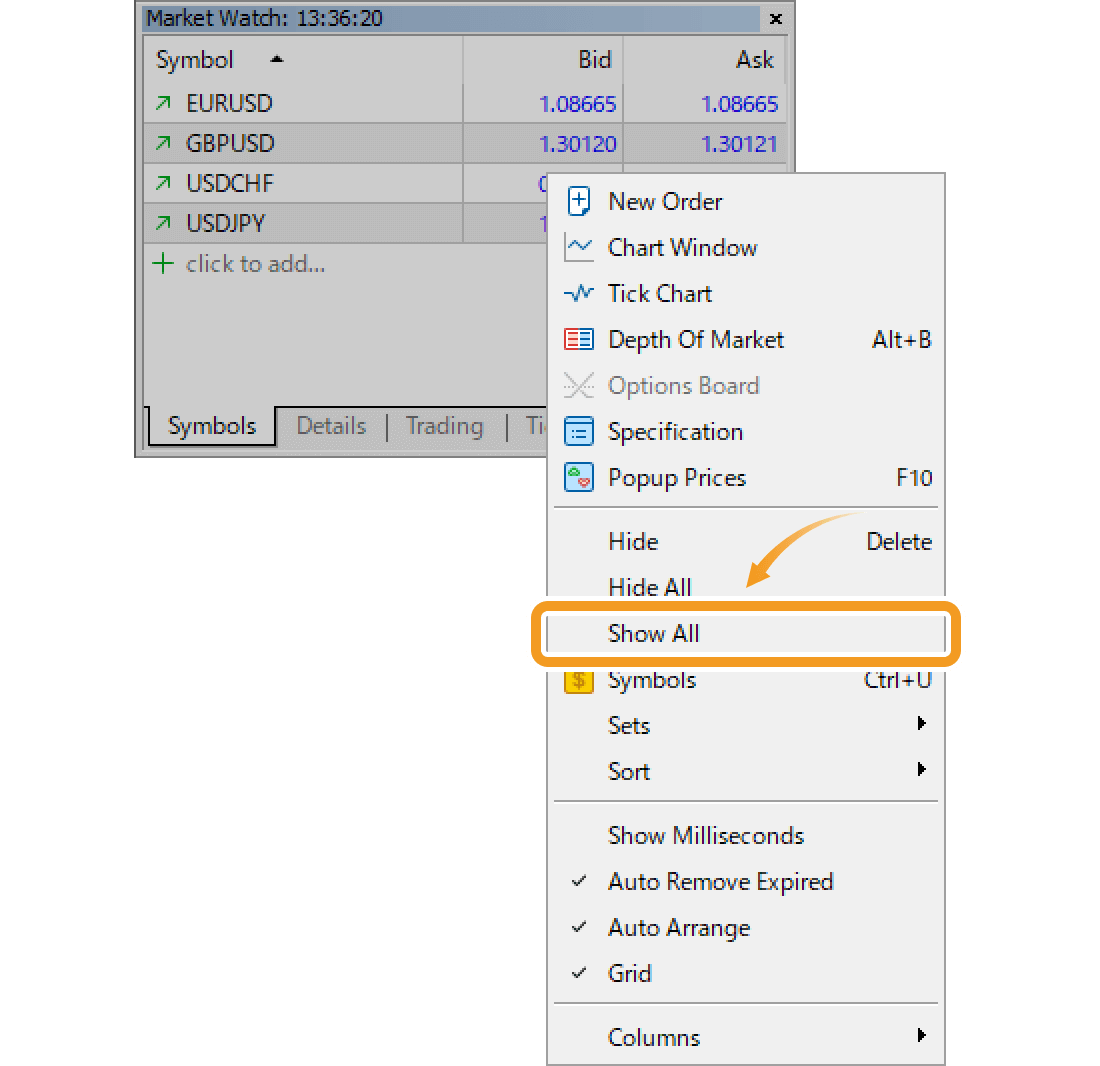 Select Show All in the context menu