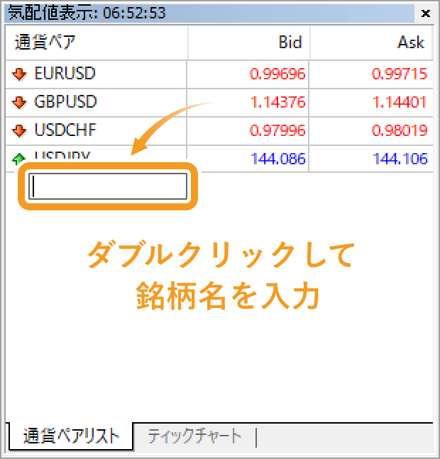 気配値表示欄で特定箇所をダブルクリック