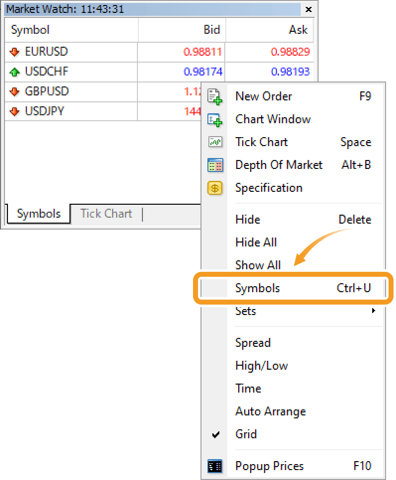 Context menu of the Symbols tab