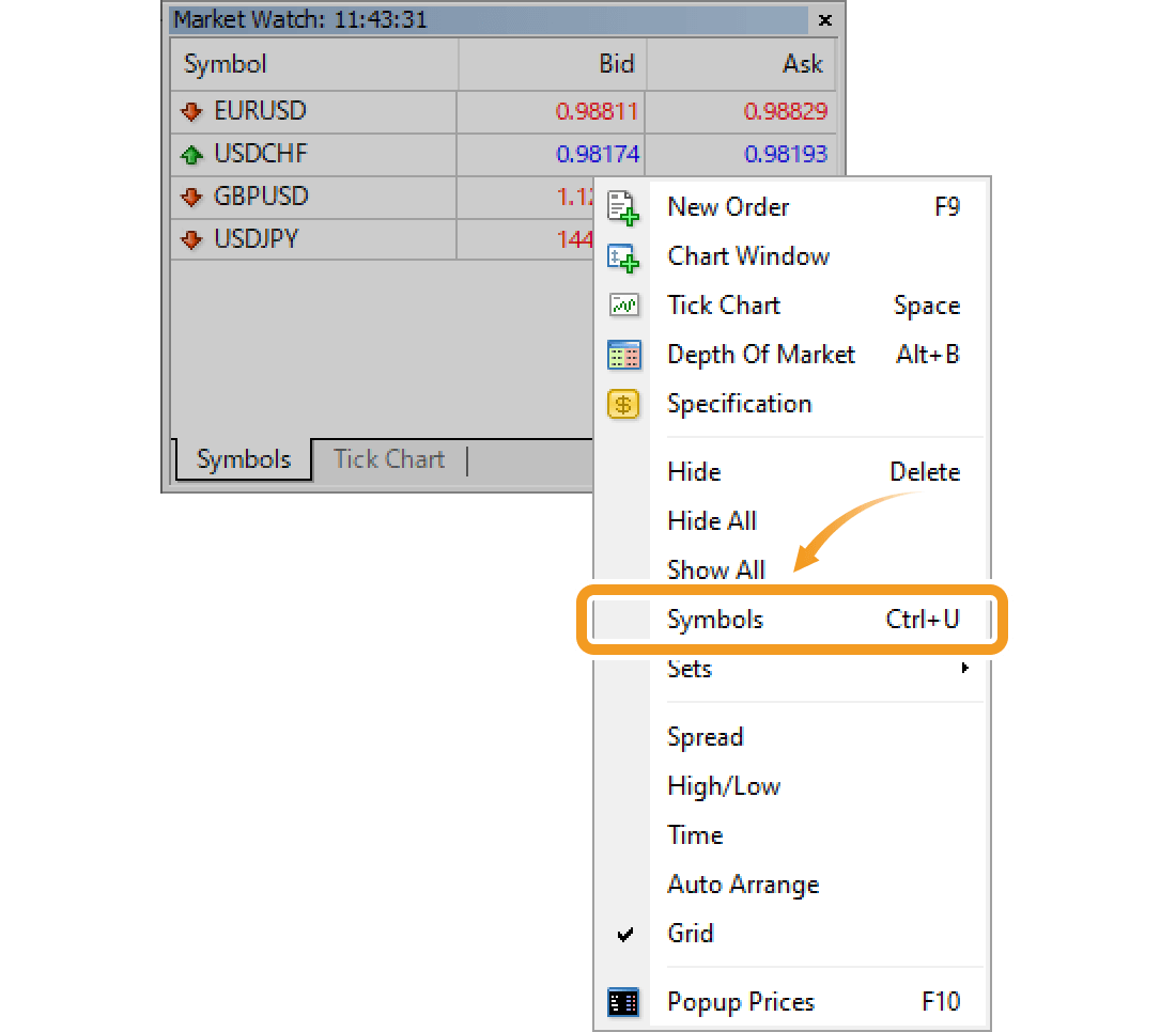 Context menu of the Symbols tab