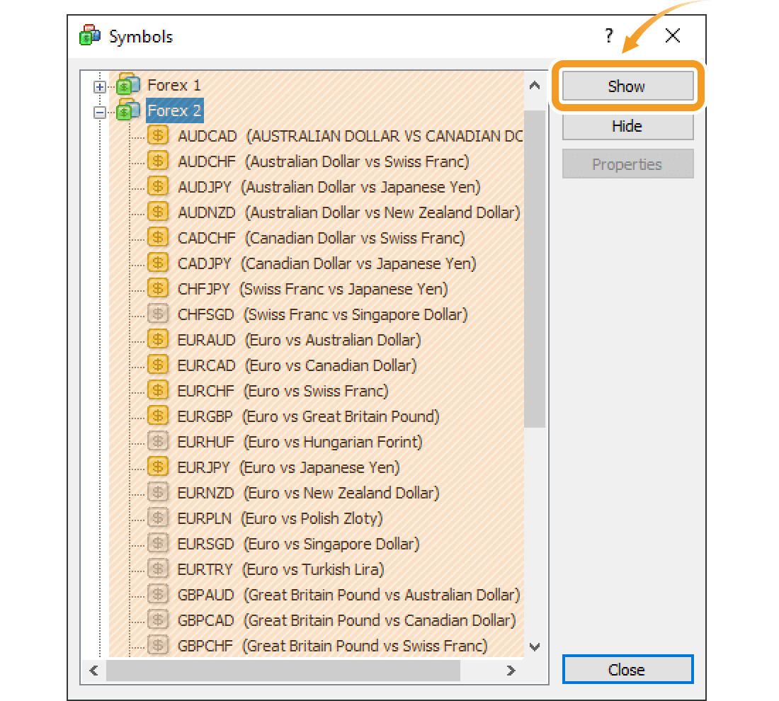 List of symbols offered by broker