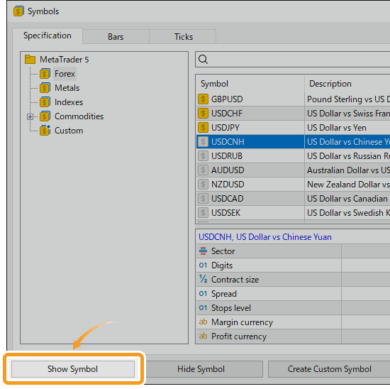 Select the symbol you wish to add in the Specification tab and click Show Symbol