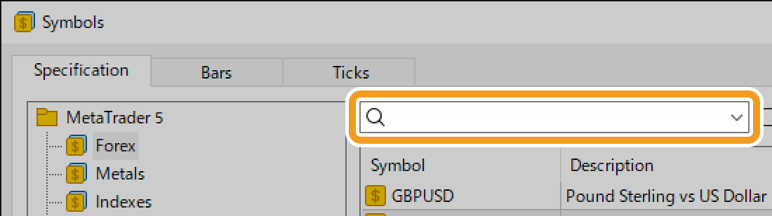 Type a symbol name in the search box