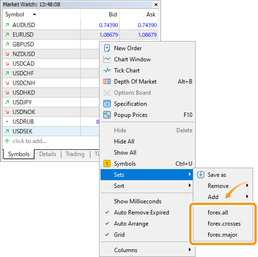 Move the pointer over Sets in the context menu and select the set you wish to add