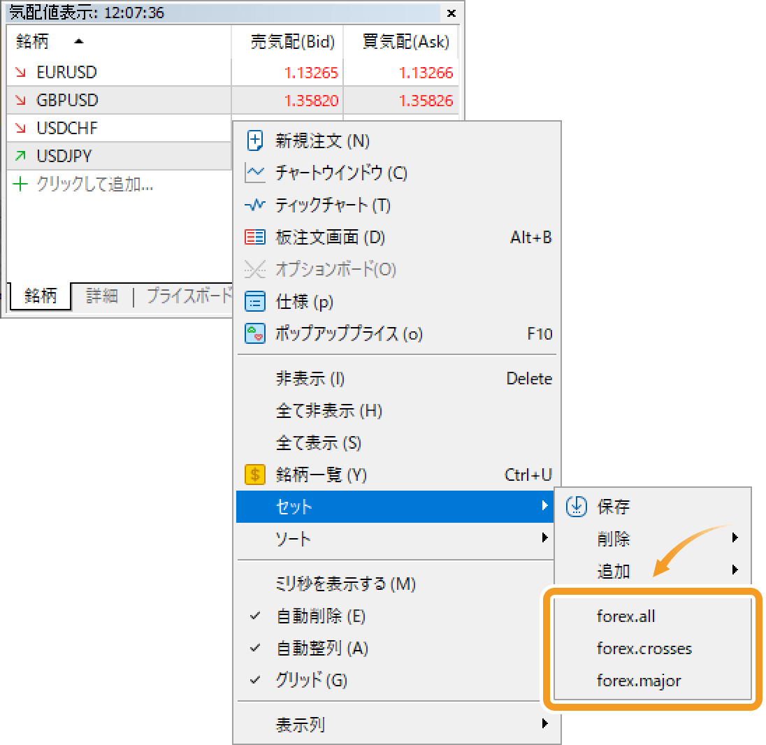 メニュー一覧より、「セット」にマウスポインターを合わせ、表示させたい銘柄セットを選択