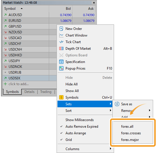 Move the pointer over Sets in the context menu and select the set you wish to add