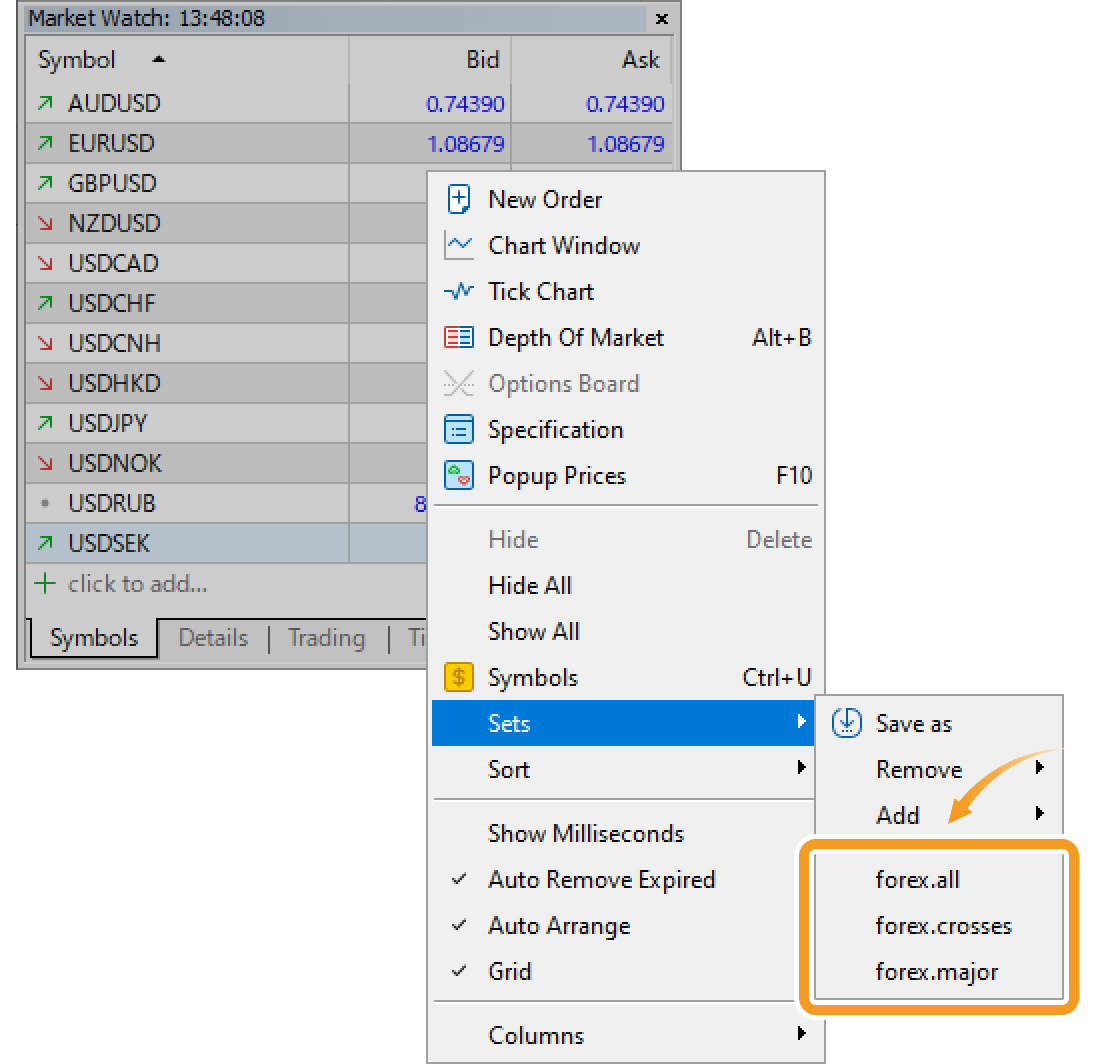 Move the pointer over Sets in the context menu and select the set you wish to add