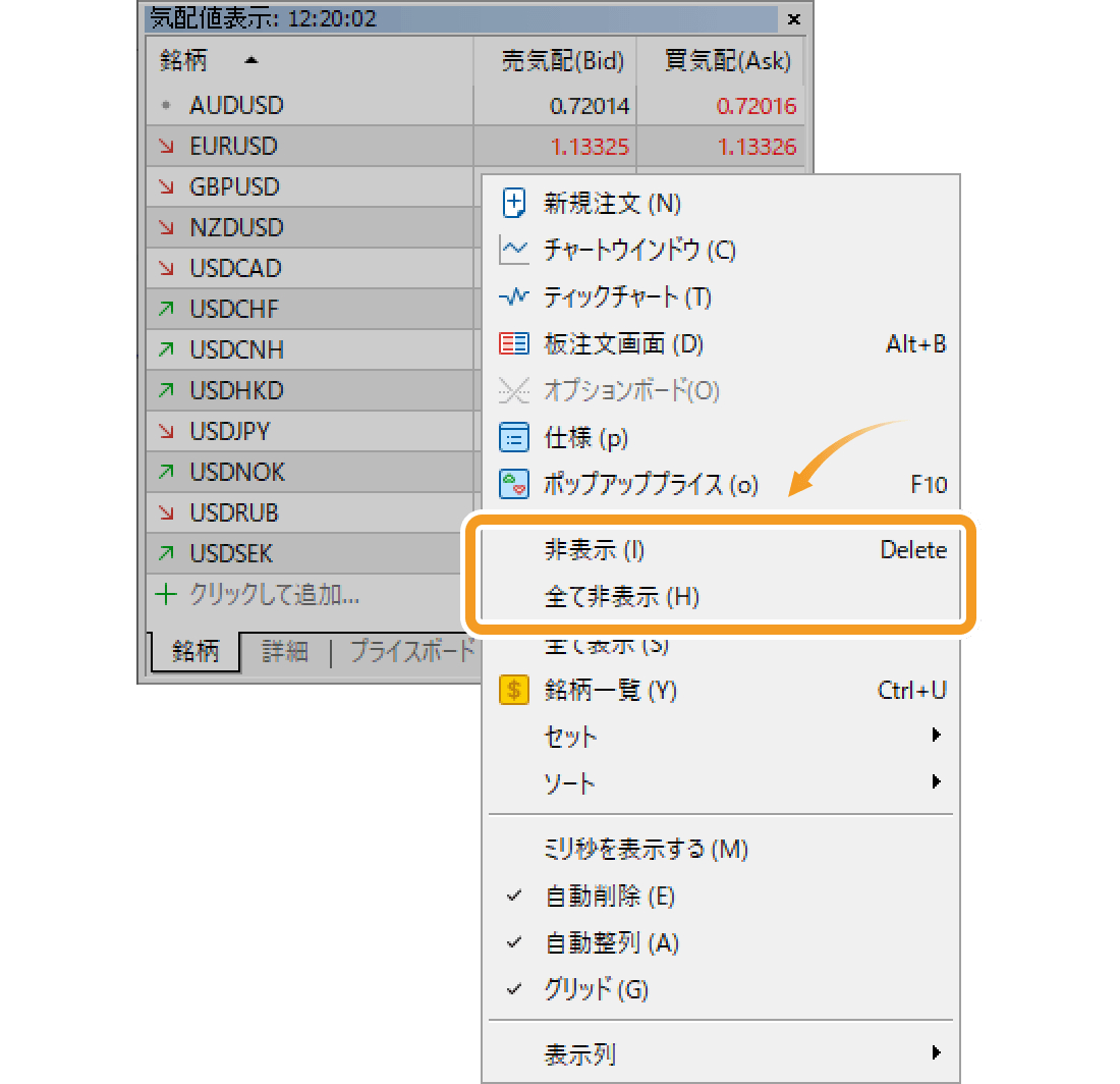 メニュー一覧より、「全て非表示」を選択