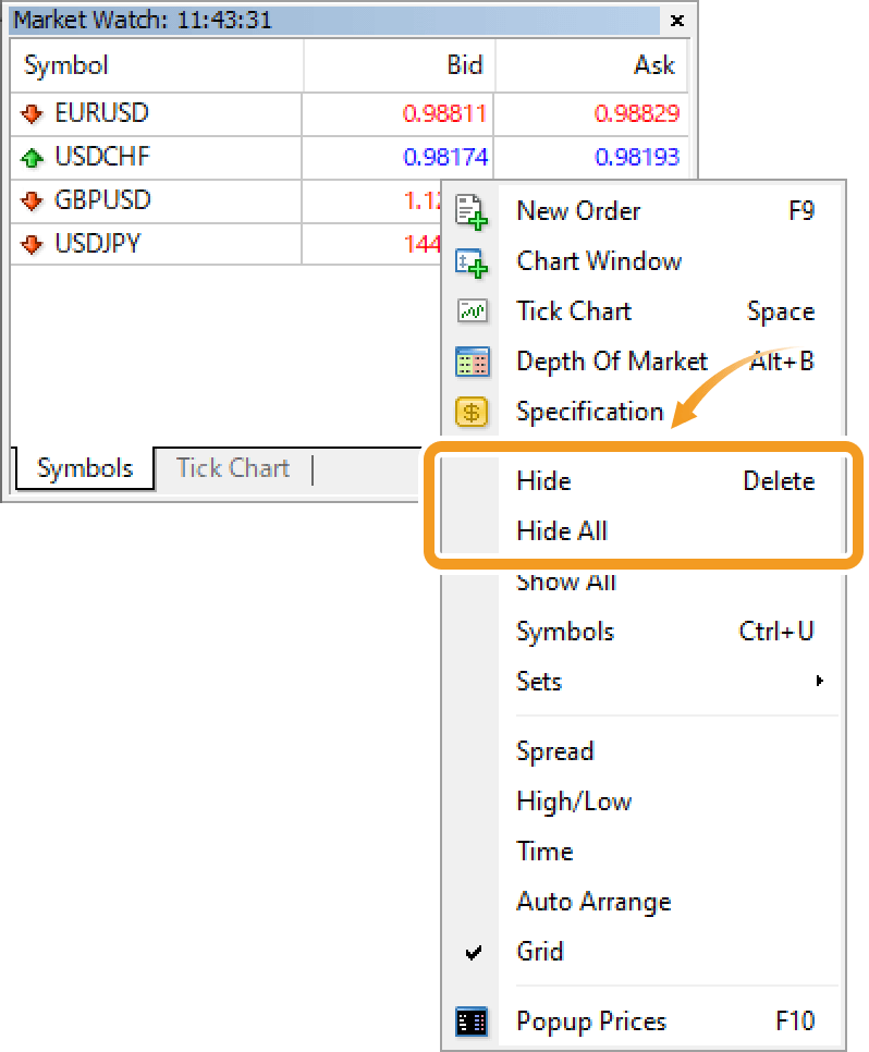 Context menu of the Symbols tab