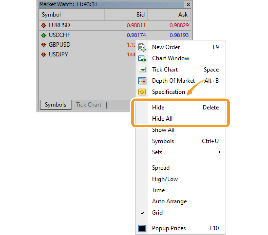 Context menu of the Symbols tab