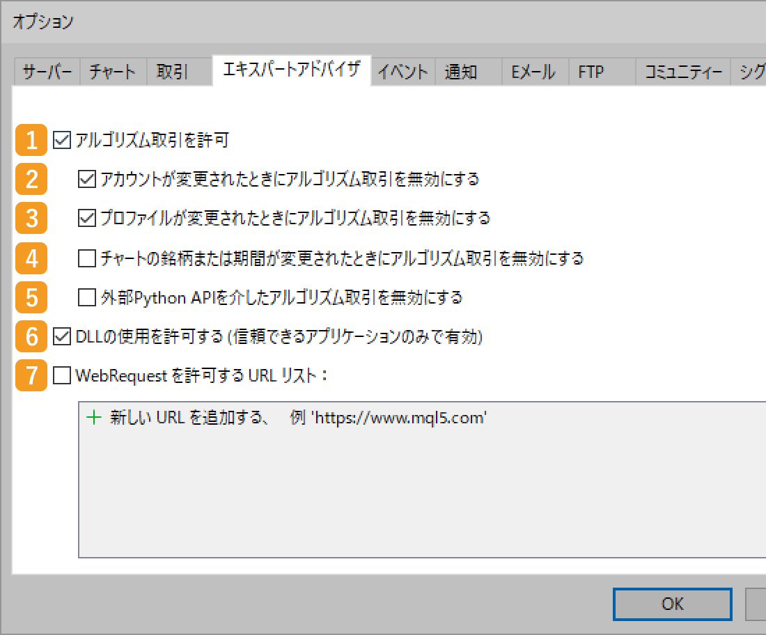 エキスパートアドバイザ（EA）の詳細設定を行い、「OK」ボタンをクリック