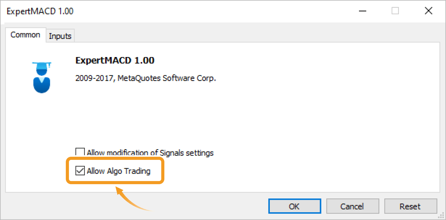 Check the Allow Algo Trading box and click OK