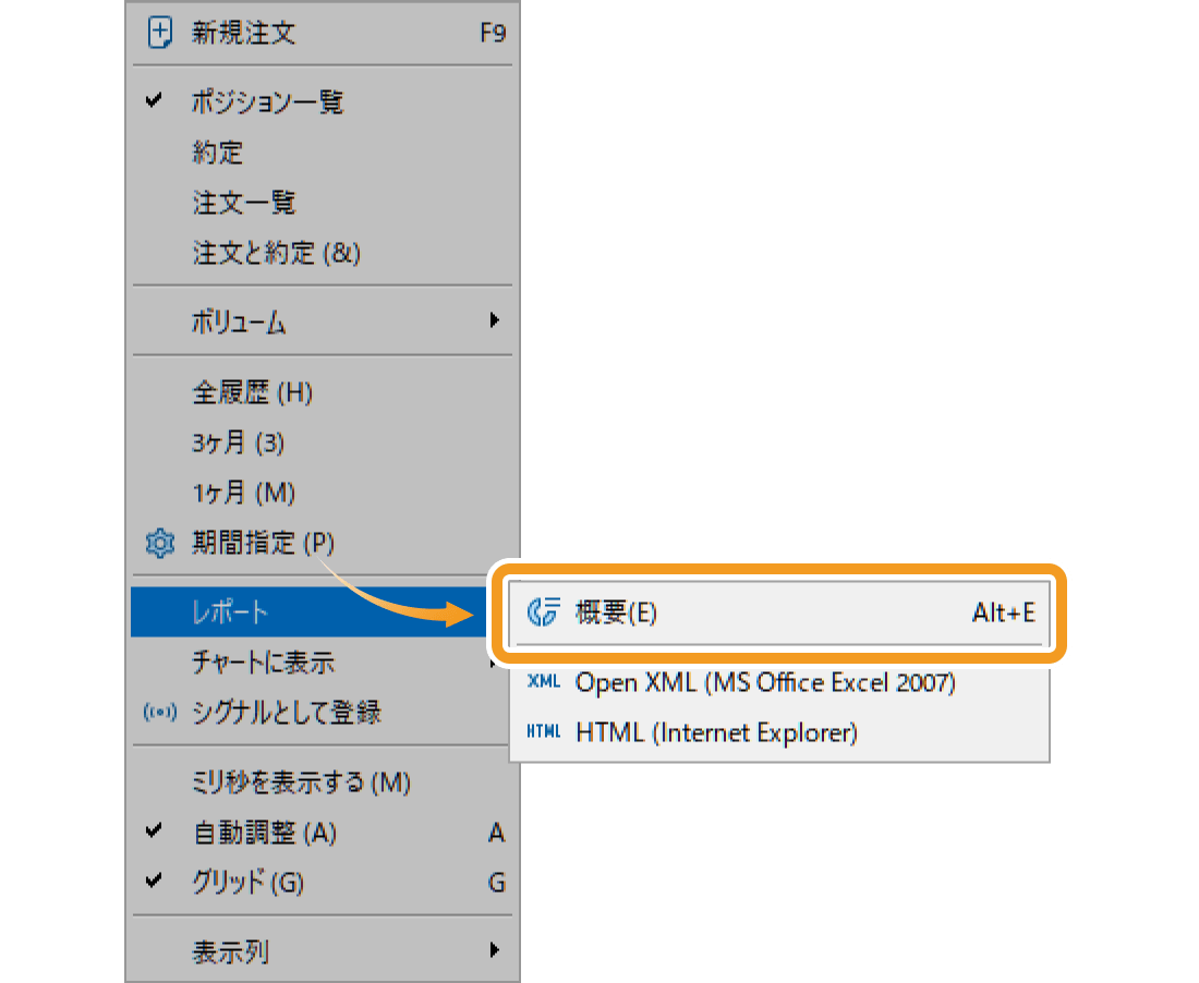 取引履歴の概要レポートを選択