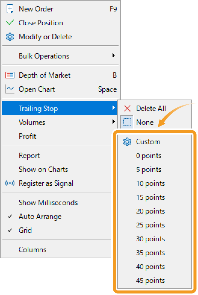 In the context menu, move the pointer to Trailing Stop to select the trailing stop level