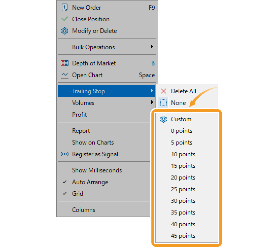 In the context menu, move the pointer to Trailing Stop to select the trailing stop level