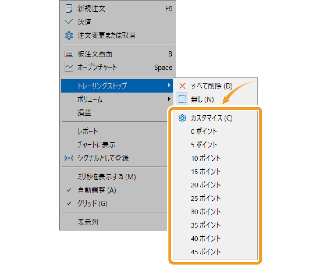 メニュー一覧より「トレーリングストップ」にマウスポインターを動かし、トレールさせる値幅を選択