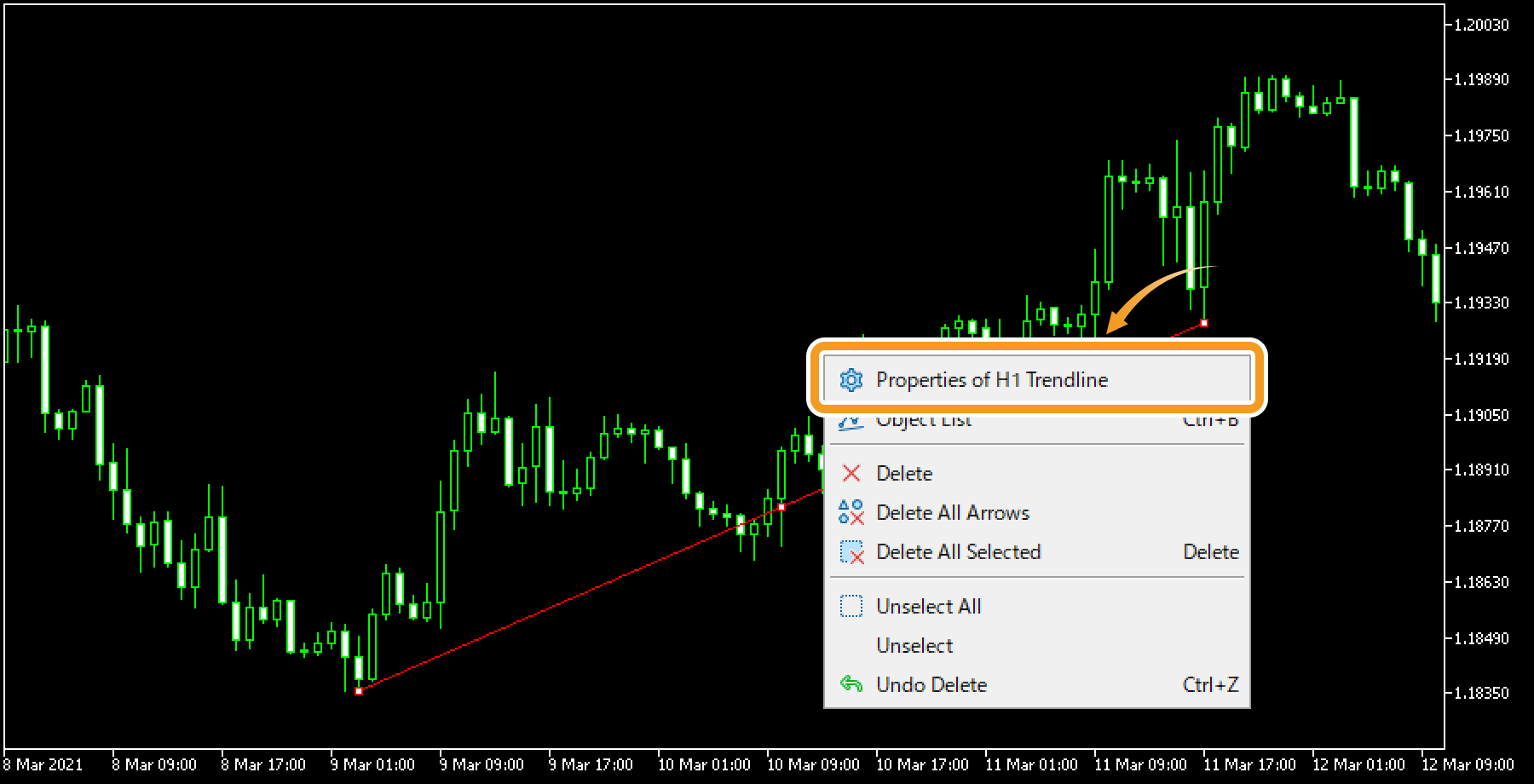 Modify the trendline settings